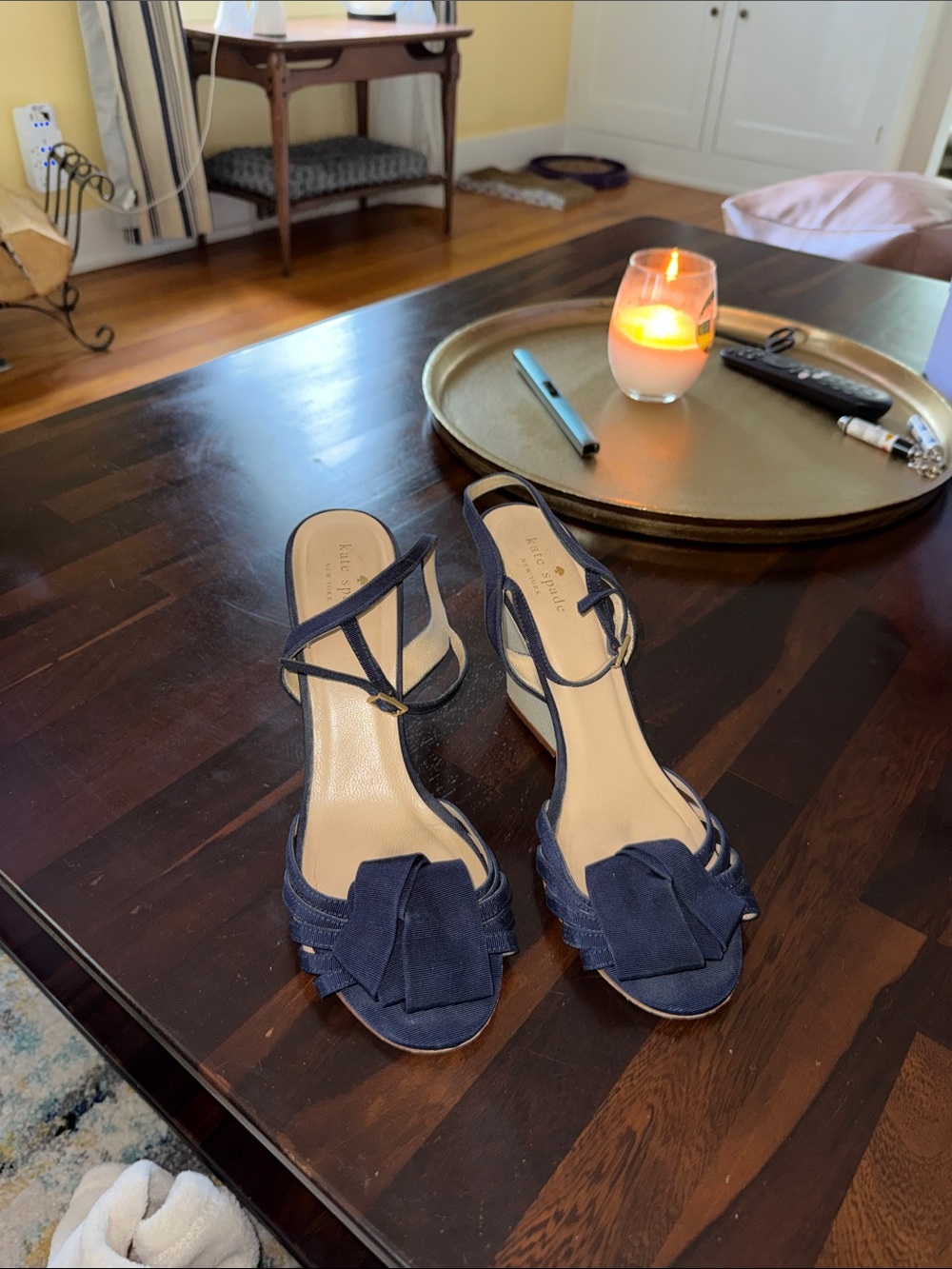kate spade navy blue open-toe heeled sandals with bow